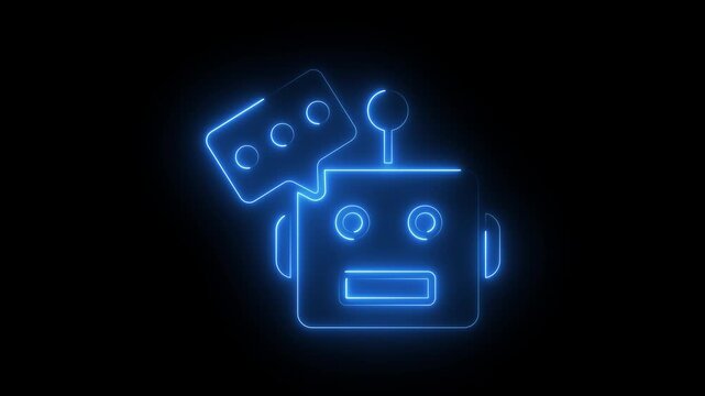 Glowing blue neon robot head chatbot icon speech bubble message AI assistant concept dark background.