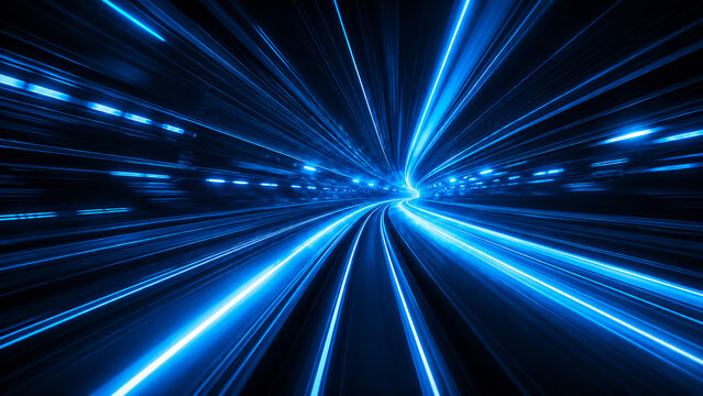 Abstract blue light trails moving at high speed through a dark tunnel or digital space.