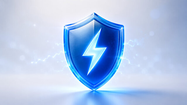 Blue shield icon with lightning bolt symbol representing cyber security and energy protection.