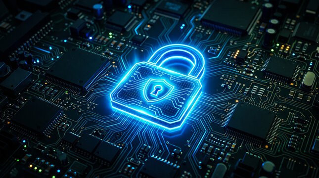 Digital cybersecurity lock glowing on futuristic circuit board with data encryption technology