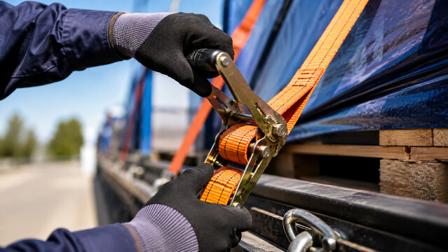 Worker securing cargo with orange ratchet strap on a flatbed truck for safe transport.