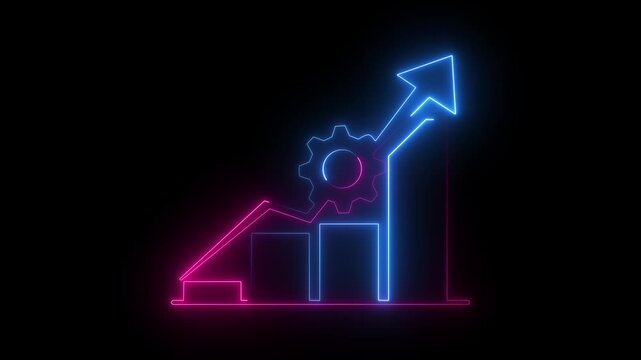 Glowing pink blue neon bar chart gear icon upward arrow business growth concept dark background.