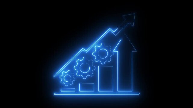Glowing blue neon bar chart gears icon upward arrow business growth concept dark black background.