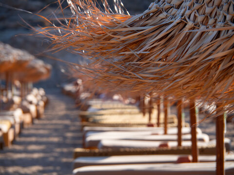 Palm-tree parasols flutter in the wind on a beach on the island of Mykonos in Greece.