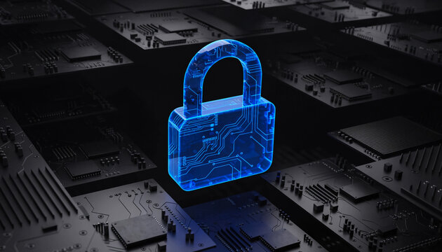 Glowing blue digital padlock icon hovering over a dark computer circuit board background.