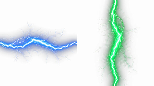 Blue and green lightning bolts striking horizontally across transparent background representing electrical energy and dynamic power transfer.
