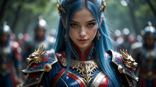 Blue-haired warrior queen in detailed armor, surrounded by soldiers