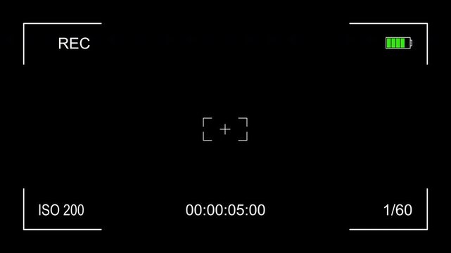 Video camera viewfinder frame. Style HUD for video with ISO, REC icon, Alpha chhannel, and timestamp in down center. 4k video