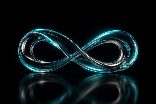 Glowing glass 3D infinity symbol on black reflective background. Abstract chrome infinity loop for business connection, continuity, endless flow and technology concept.
