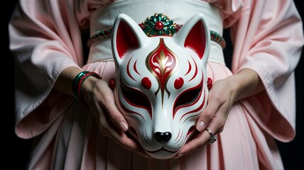 Obraz premium Close-up of person presenting a decorative fox mask