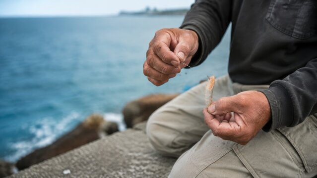 Handline fishing from rocks seen from a close perspective with rich texture and calm mood authentic