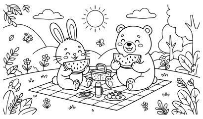 Cute Bunny and Bear Eating Watermelon Coloring Page