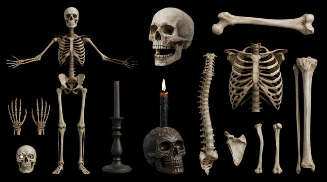 Human skeleton bones and skulls are displayed alongside a lit candle on a plain black background.