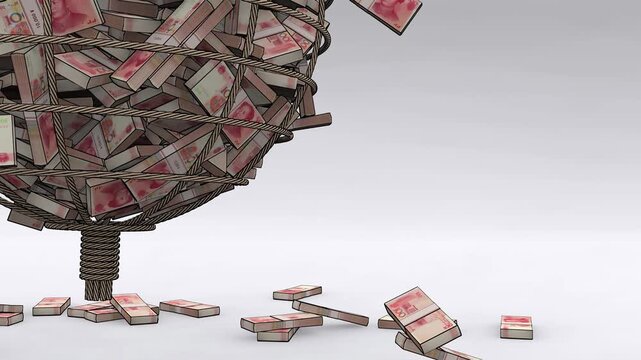 Large fishing net filled with chinese yuan banknotes swinging in the air