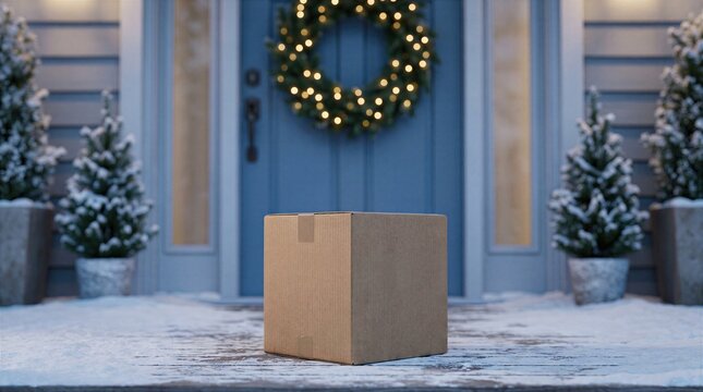 Christmas parcel delivered outside snowy front door