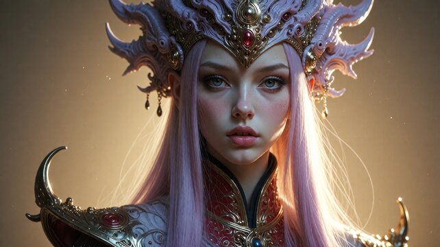 Elegant fantasy warrior queen with glowing armor and detailed headpiece
