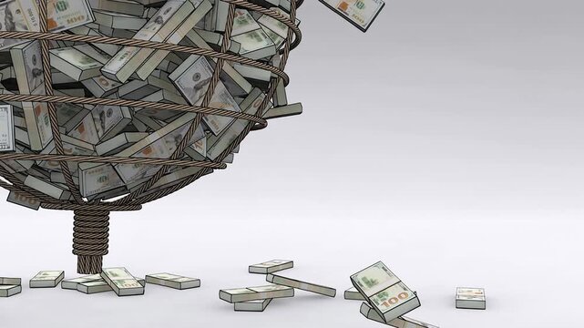 Large fishing net filled with us dollar banknotes swinging in the air