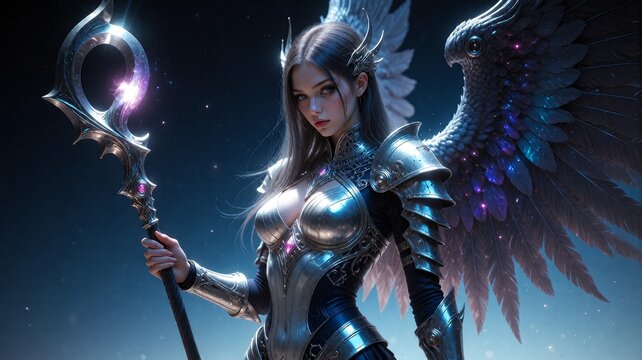 Fantasy angel warrior in celestial armor holding glowing staff