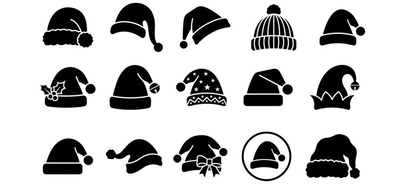 Collection of various black christmas santa hats and winter beanies icons Vector