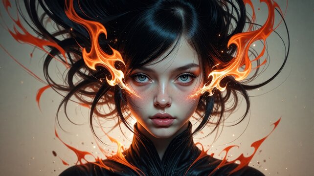 Fantasy portrait featuring a girl with flame-like hair, serene expression
