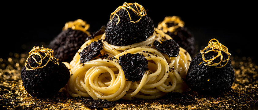 Pasta dish with black truffle and gold leaf culinary photography spaghetti gourmet cuisine italian food delicacy luxury fine dining gastronomy meal eat delicious