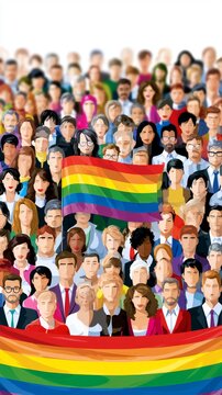 Diverse crowd holding rainbow flag celebrating lgbtq plus pride