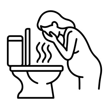 Pregnant Woman with Morning Sickness Icon, Prenatal Nausea Vomiting Toilet Vector Outline
