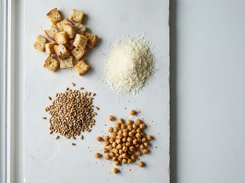 Crunchy caesar toppings arranged in four piles on a white marble board for a delicious gourmet home salad preparation