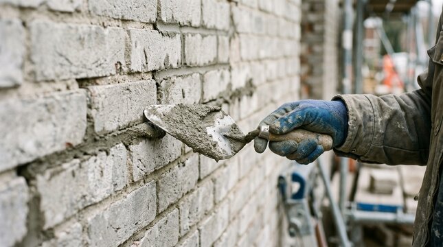 Professional bricklayer applying mortar to a brick wall during a construction site renovation project