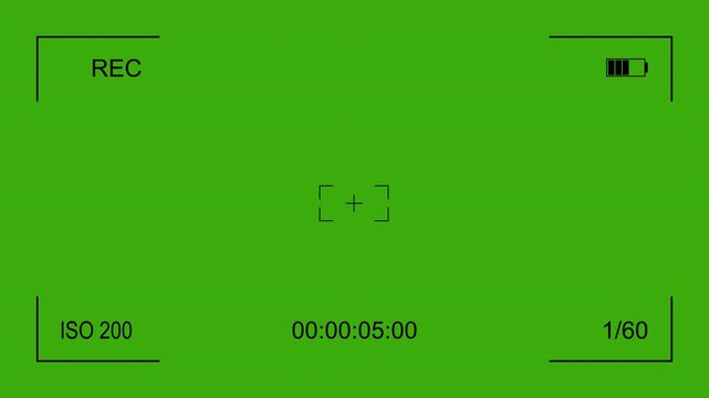 Video camera viewfinder frame. Digital video recorder display. 4k Video camera recorder screen on green screen