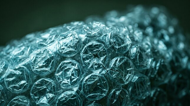 Macro view of clear plastic bubble wrap packaging material with round air pockets texture