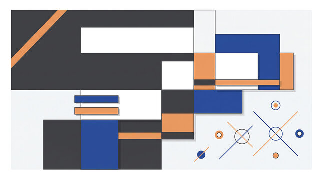 Geometric abstract background with blue and orange rectangles, modern minimalist art composition, architectural block pattern