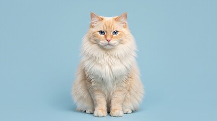 Fluffy cream Ragdoll cat sitting upright on a solid light blue studio background © Abbas