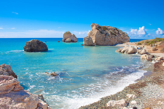 Scenic touristic destination of 'Petra tou Romiou' or 'Aphrodite's Rock' beach on the island of Cyprus