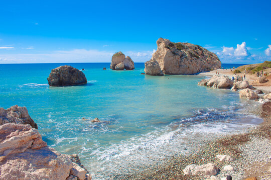 Scenic touristic destination of 'Petra tou Romiou' or 'Aphrodite's Rock' beach on the island of Cyprus