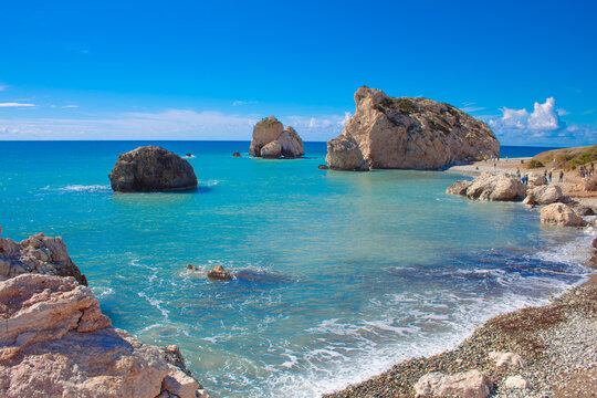 Scenic touristic destination of 'Petra tou Romiou' or 'Aphrodite's Rock' beach on the island of Cyprus