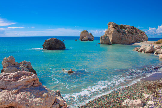 Scenic touristic destination of 'Petra tou Romiou' or 'Aphrodite's Rock' beach on the island of Cyprus