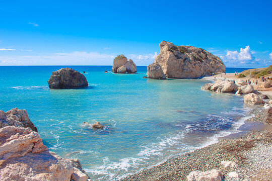 Scenic touristic destination of 'Petra tou Romiou' or 'Aphrodite's Rock' beach on the island of Cyprus