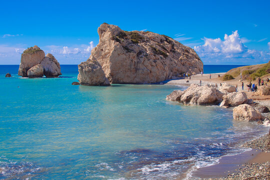 Scenic touristic destination of 'Petra tou Romiou' or 'Aphrodite's Rock' beach on the island of Cyprus
