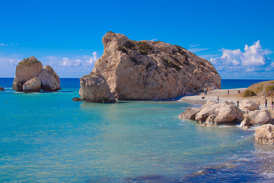 Scenic touristic destination of 'Petra tou Romiou' or 'Aphrodite's Rock' beach on the island of Cyprus