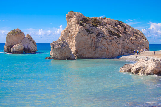 Scenic touristic destination of 'Petra tou Romiou' or 'Aphrodite's Rock' beach on the island of Cyprus