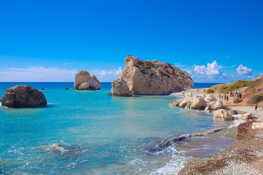 Scenic touristic destination of 'Petra tou Romiou' or 'Aphrodite's Rock' beach on the island of Cyprus