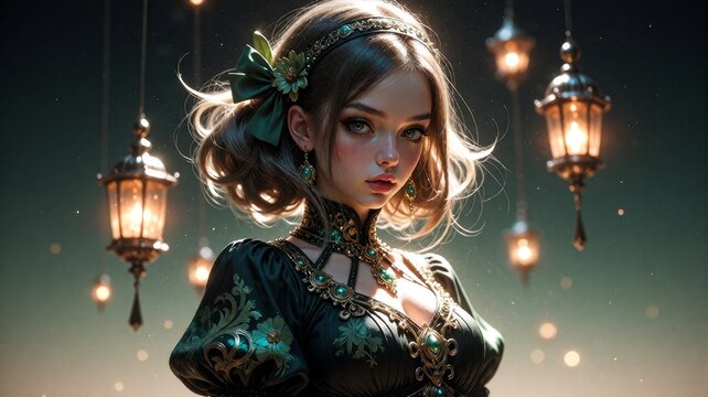Gothic fantasy portrait of young woman with lanterns