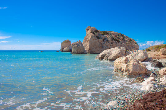 Scenic touristic destination of 'Petra tou Romiou' or 'Aphrodite's Rock' beach on the island of Cyprus