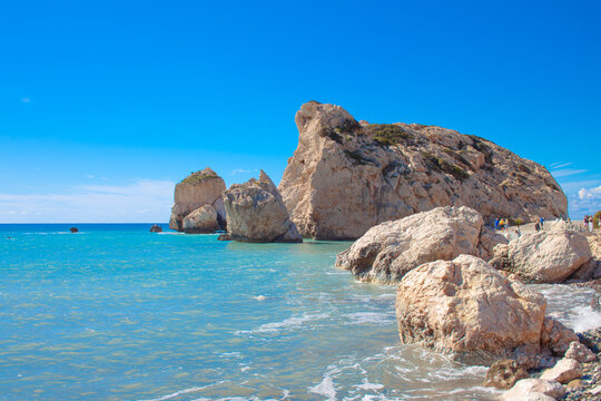 Scenic touristic destination of 'Petra tou Romiou' or 'Aphrodite's Rock' beach on the island of Cyprus