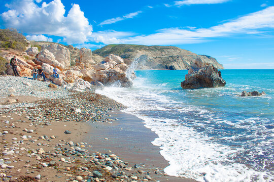 Scenic touristic destination of 'Petra tou Romiou' or 'Aphrodite's Rock' beach on the island of Cyprus