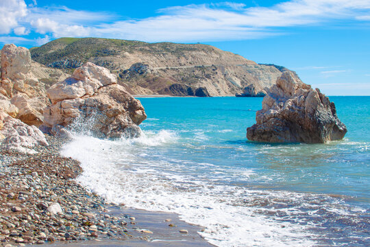 Scenic touristic destination of 'Petra tou Romiou' or 'Aphrodite's Rock' beach on the island of Cyprus