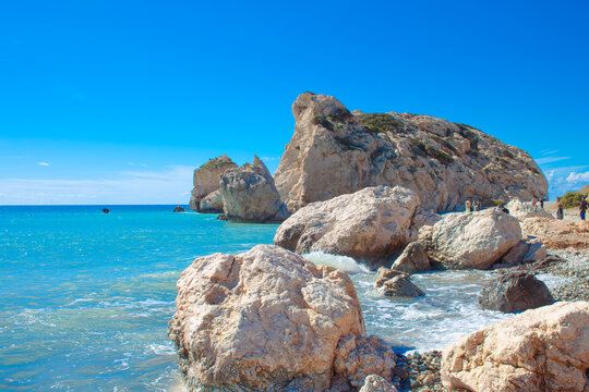 Scenic touristic destination of 'Petra tou Romiou' or 'Aphrodite's Rock' beach on the island of Cyprus