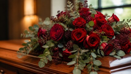 Obraz premium Casket spray red roses captured in soft natural light with authentic environmental detail authentic
