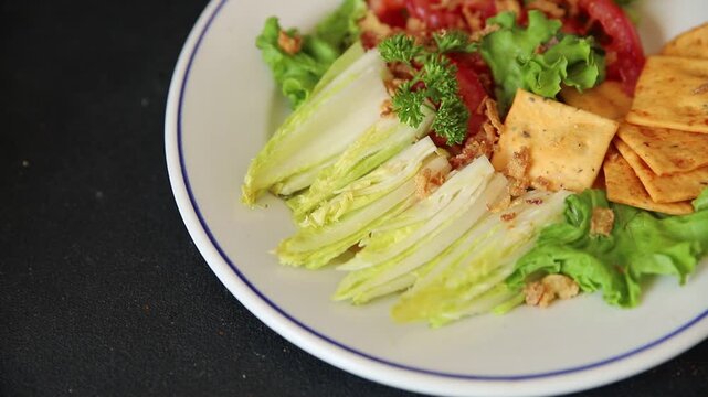 Chicory salad appetizer food preparation vegetable dish tasty snack fresh and delicious gourmet rustic food background on the table rustic food top view copy space keto and paleo diets vegetarian and 